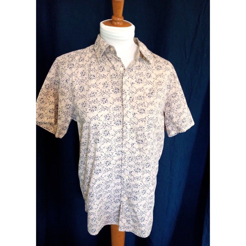 Christian Audigier Short Sleeve Beige/Blue Print Button Up Shirt Size Small NEW